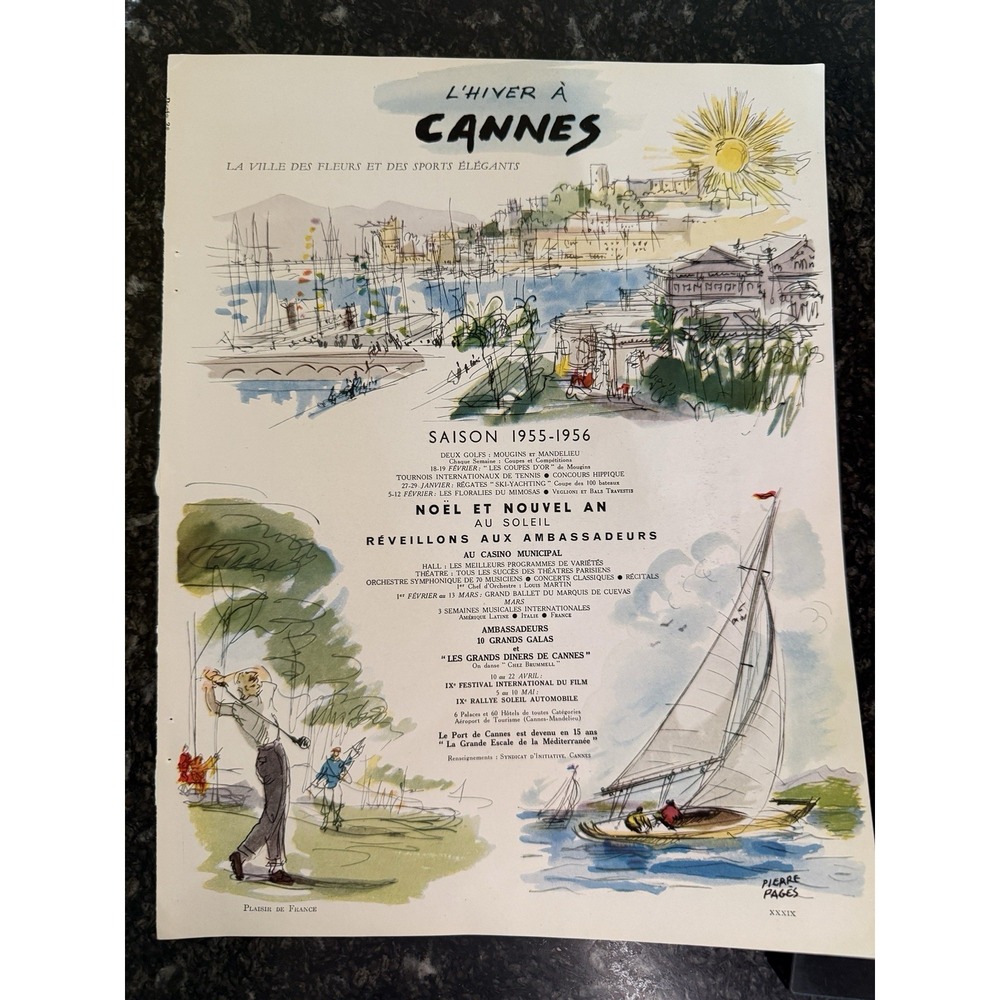 Vtg 1955-56 French Ad L'Hiver a Cannes Illustration + Champagne Gosset 9.5x12.5